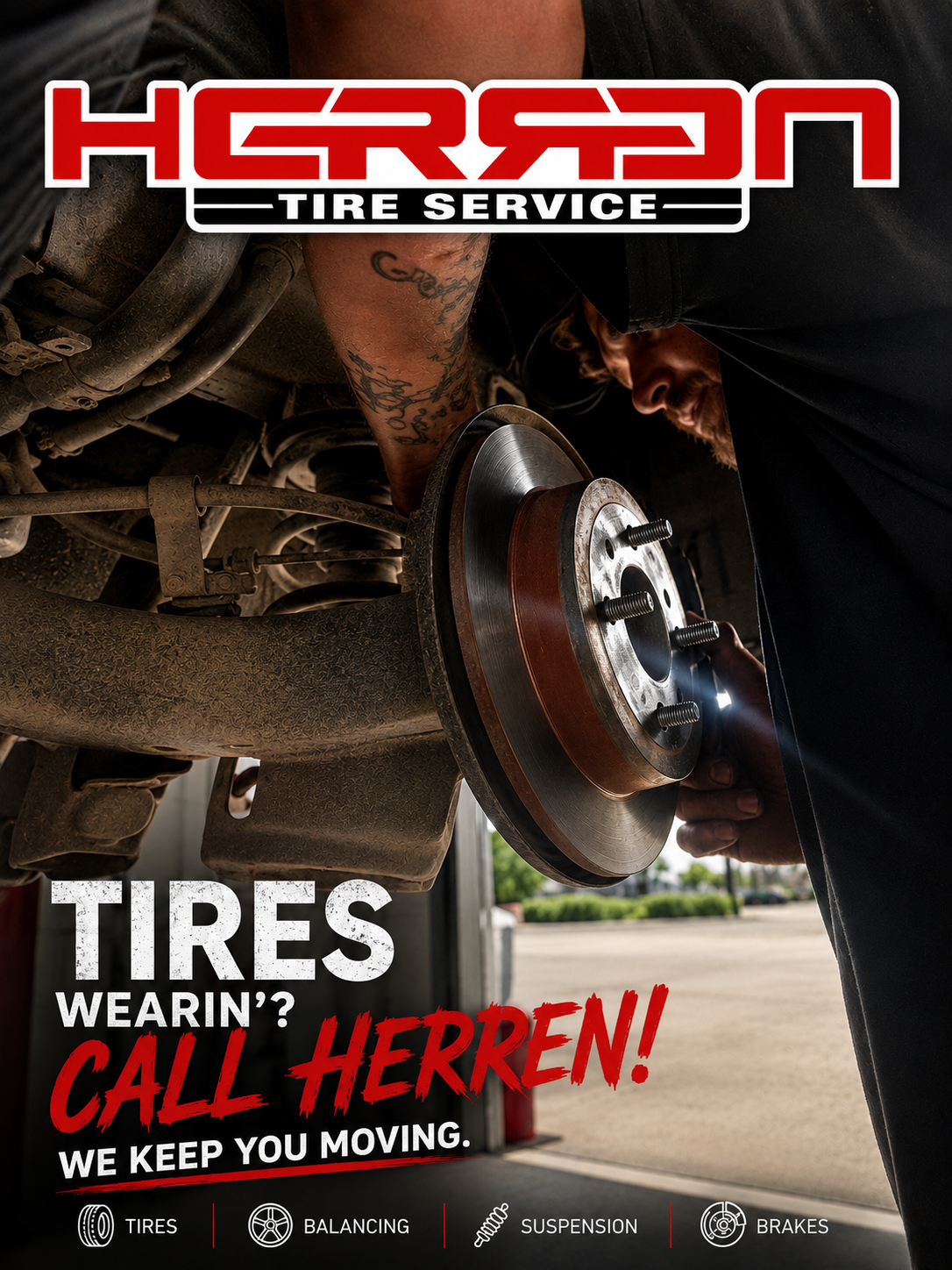 Professional brake service at Herren Tire Service featuring brake pad replacement, rotor resurfacing, brake inspections, caliper repairs, and complete brake system maintenance for cars, trucks, and SUVs in Northeast Arkansas.