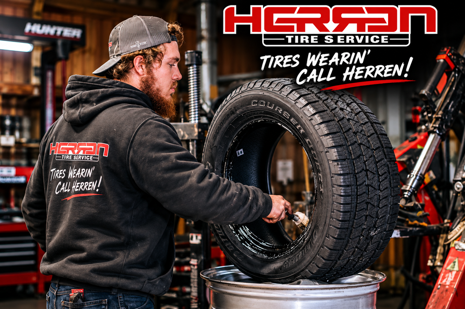 Large inventory of new tires at Herren Tire Service. Family-owned tire shop since 1968 offering tire sales, tire installation, alignments, brakes, oil changes, and automotive repair across Northeast Arkansas.