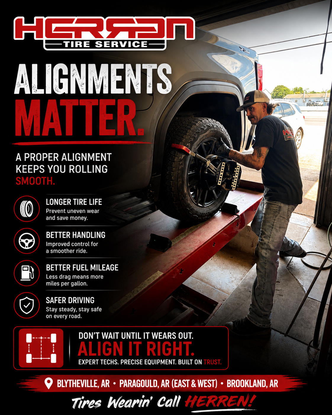 Front End Alignments in Northeast Arkansas including Craighead, Greene, and Mississippi Counties. Schedule your appointment today! 