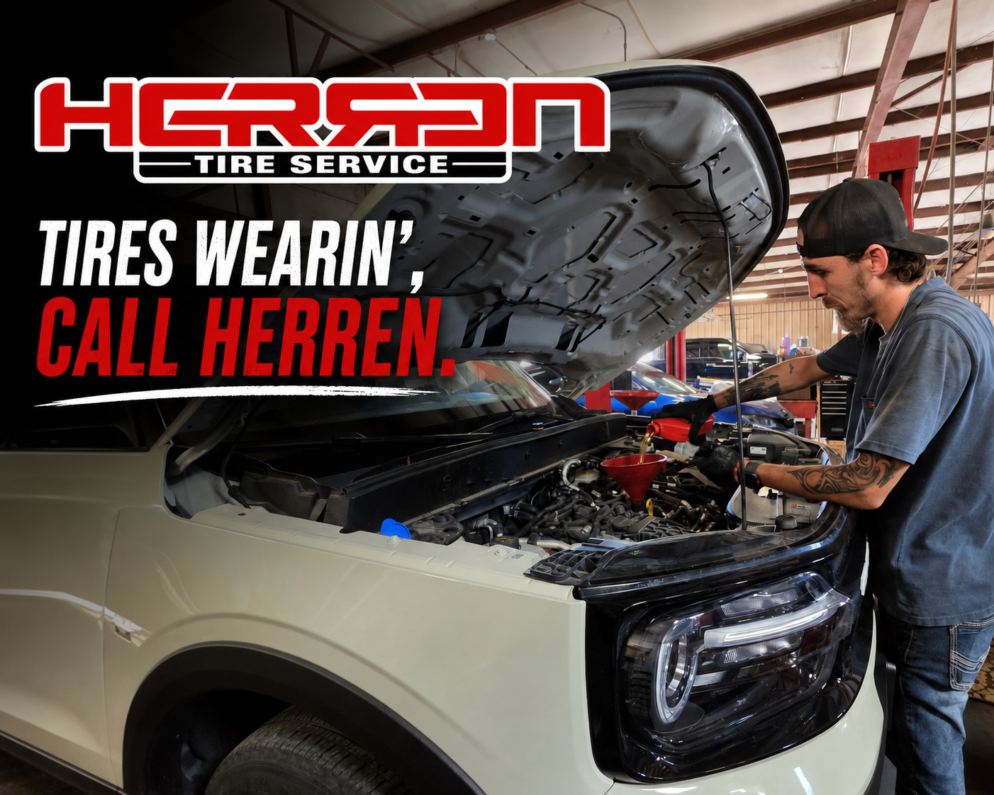 Technician performing a full-service oil change at Herren Tire Service, including premium engine oil, oil filter replacement, fluid checks, and preventive maintenance for cars, trucks, and SUVs in Northeast Arkansas.