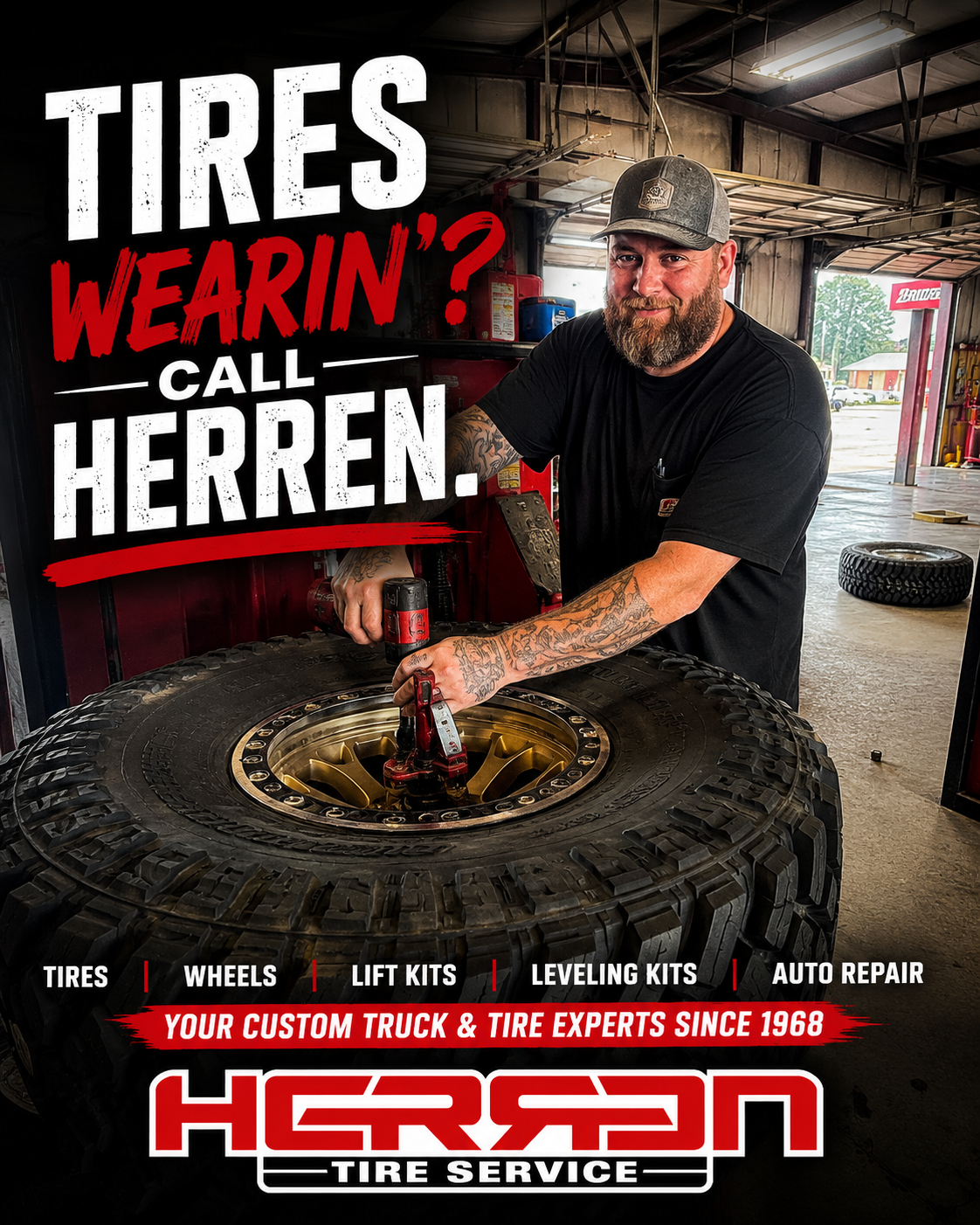 Professional tire installation at Herren Tire Service featuring new tire mounting, computer wheel balancing, TPMS service, tire rotations, and expert tire replacement for all makes and models.
