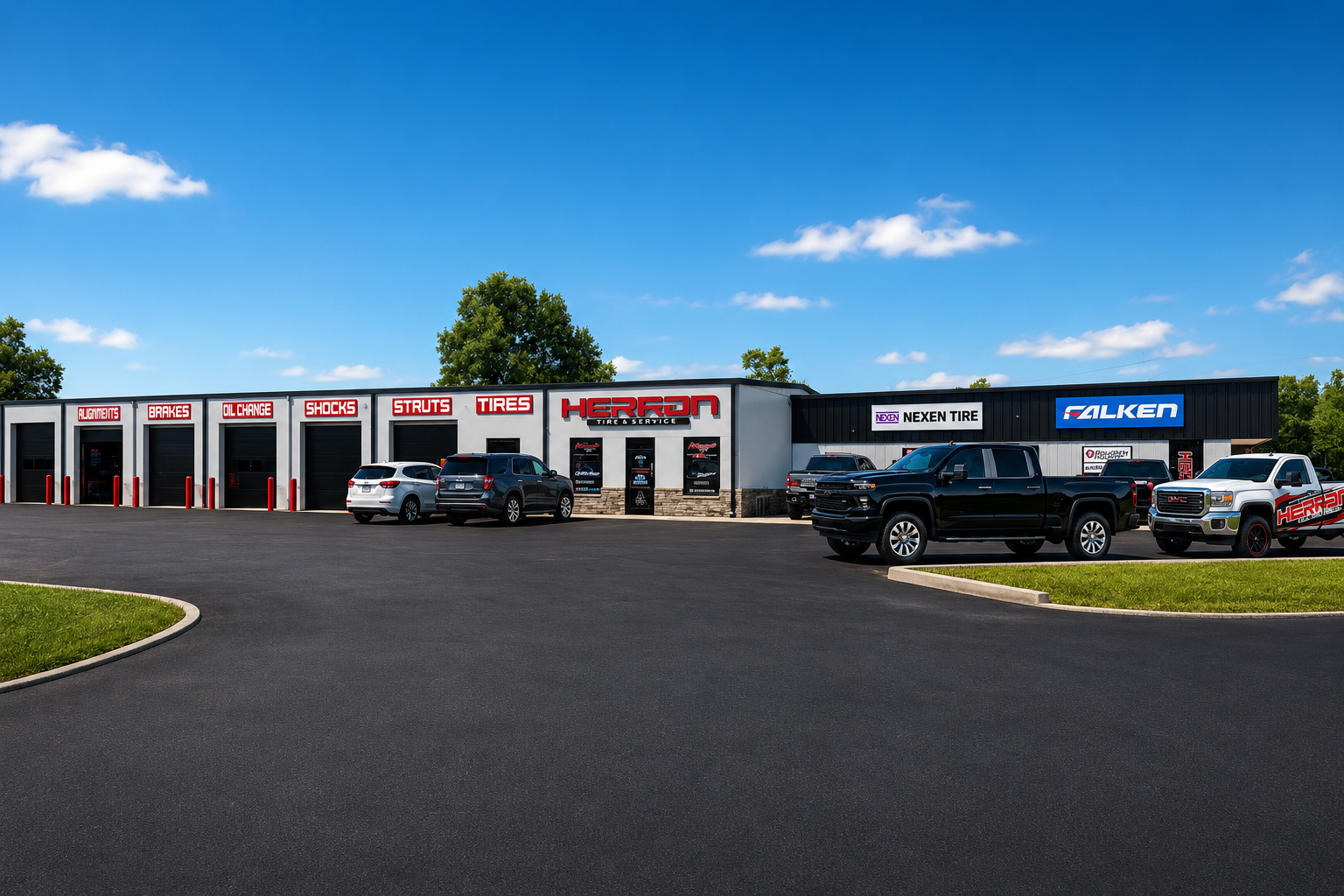Herren Tire Service West location in Paragould, Arkansas featuring a six-bay tire and automotive service center with a large inventory of Falken, Nexen, Cooper, passenger, SUV, truck, and commercial tires, providing alignments, brakes, oil changes, suspension repair, custom wheels, and lift kits. 